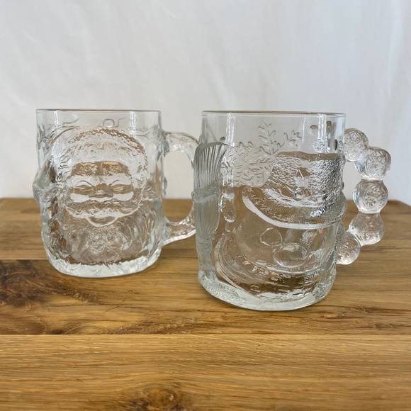 Luminarc USA Clear Glass 3D Christmas Holiday Snowman Santa 2 Mugs VINTAGE - Picture 1 of 10